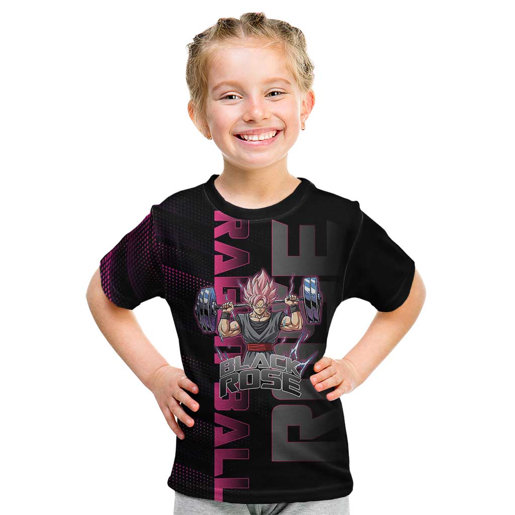 Goku Black Rose Dragon Ball Gym Theme Kid T Shirt with Dumbbell Power Lift and Pink Electric Aura on Black Design - The Mazicc