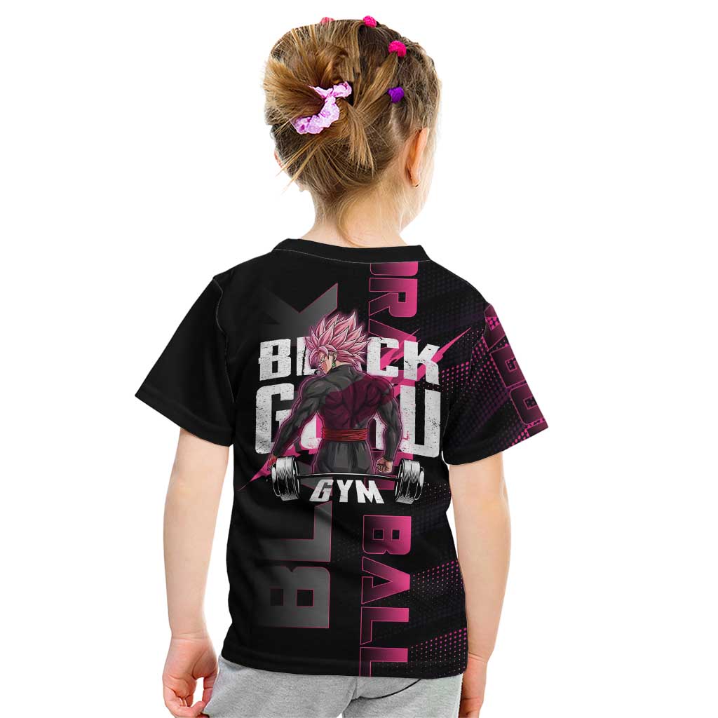Goku Black Rose Dragon Ball Gym Theme Kid T Shirt with Dumbbell Power Lift and Pink Electric Aura on Black Design - The Mazicc
