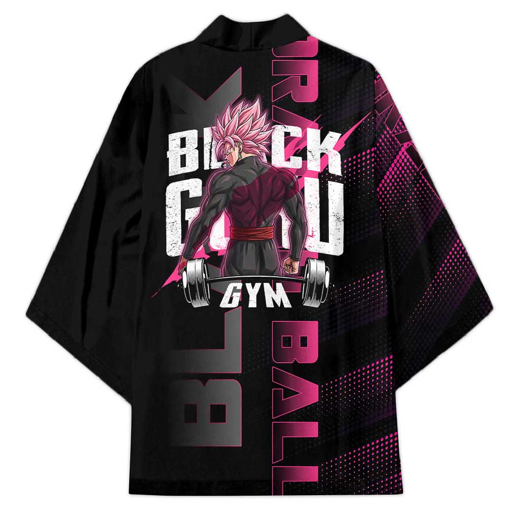 Goku Black Rose Dragon Ball Gym Theme Kimono with Dumbbell Power Lift and Pink Electric Aura on Black Design - The Mazicc