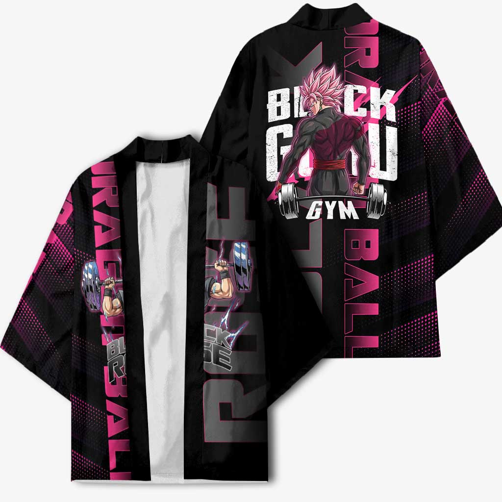 Goku Black Rose Dragon Ball Gym Theme Kimono with Dumbbell Power Lift and Pink Electric Aura on Black Design - The Mazicc