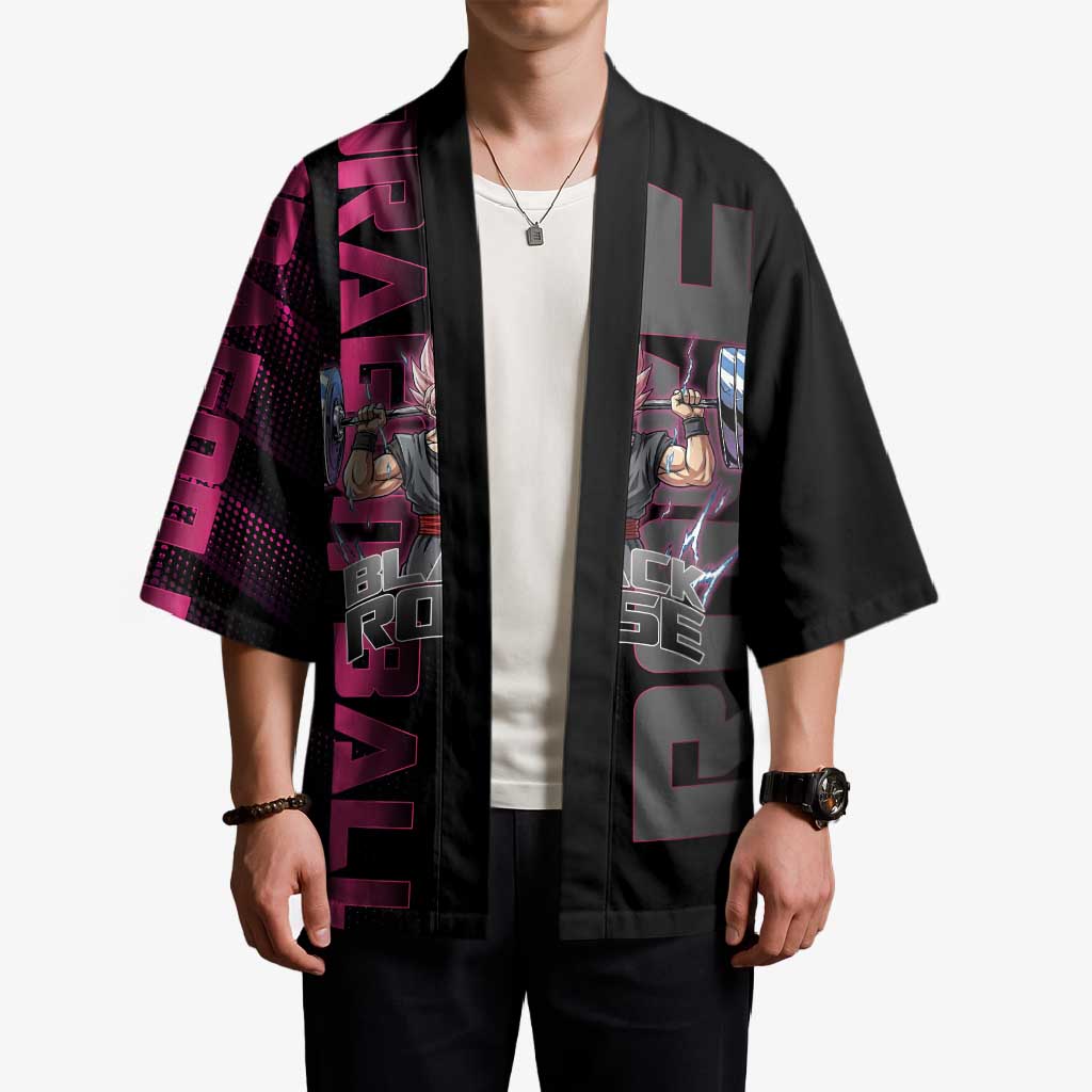 Goku Black Rose Dragon Ball Gym Theme Kimono with Dumbbell Power Lift and Pink Electric Aura on Black Design - The Mazicc