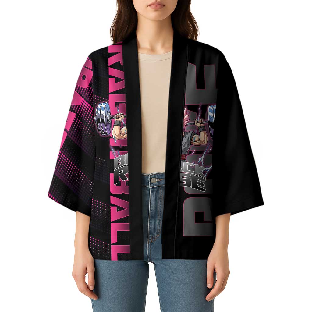 Goku Black Rose Dragon Ball Gym Theme Kimono with Dumbbell Power Lift and Pink Electric Aura on Black Design - The Mazicc