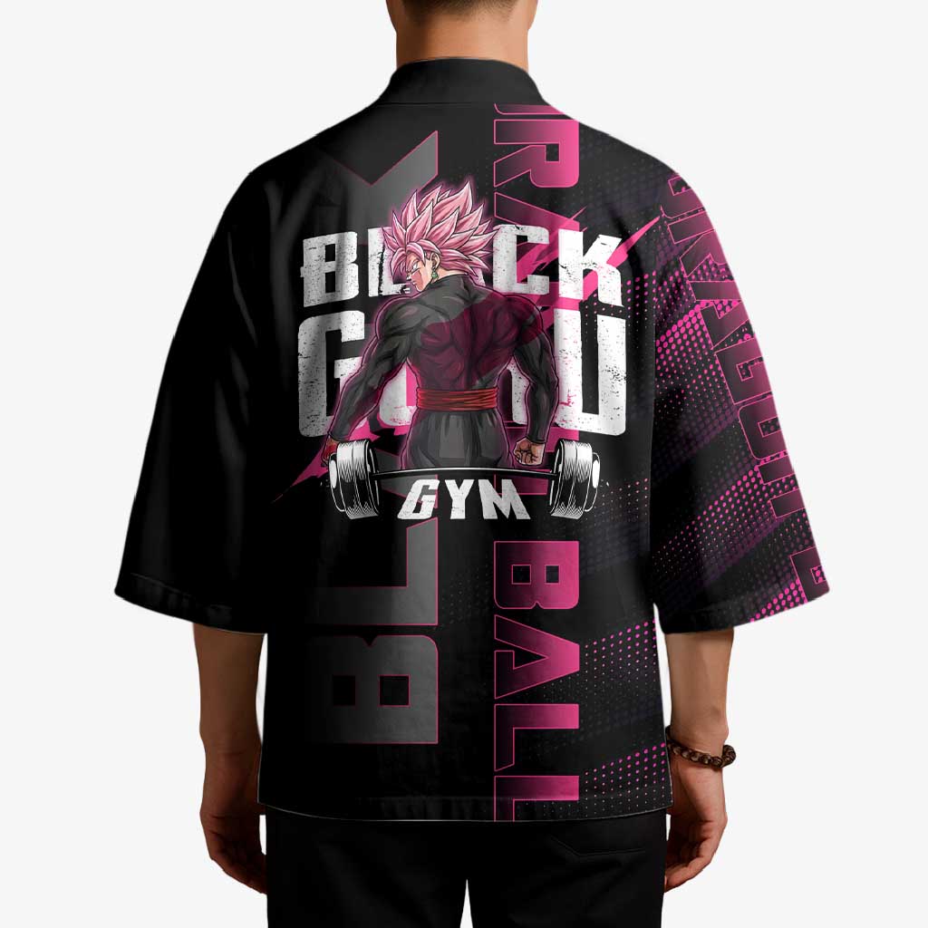 Goku Black Rose Dragon Ball Gym Theme Kimono with Dumbbell Power Lift and Pink Electric Aura on Black Design - The Mazicc