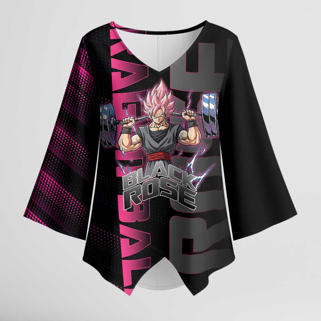 Goku Black Rose Dragon Ball Gym Theme Kimono Sleeve Blouse with Dumbbell Power Lift and Pink Electric Aura on Black Design - The Mazicc