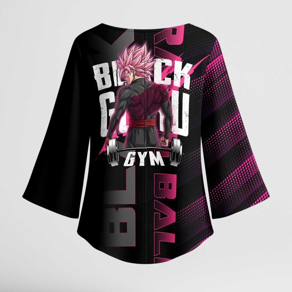 Goku Black Rose Dragon Ball Gym Theme Kimono Sleeve Blouse with Dumbbell Power Lift and Pink Electric Aura on Black Design - The Mazicc
