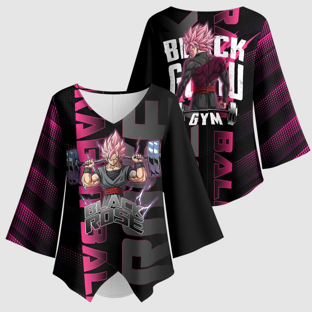 Goku Black Rose Dragon Ball Gym Theme Kimono Sleeve Blouse with Dumbbell Power Lift and Pink Electric Aura on Black Design - The Mazicc