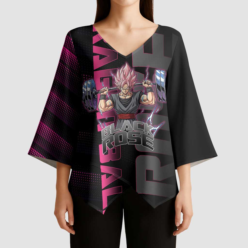 Goku Black Rose Dragon Ball Gym Theme Kimono Sleeve Blouse with Dumbbell Power Lift and Pink Electric Aura on Black Design - The Mazicc