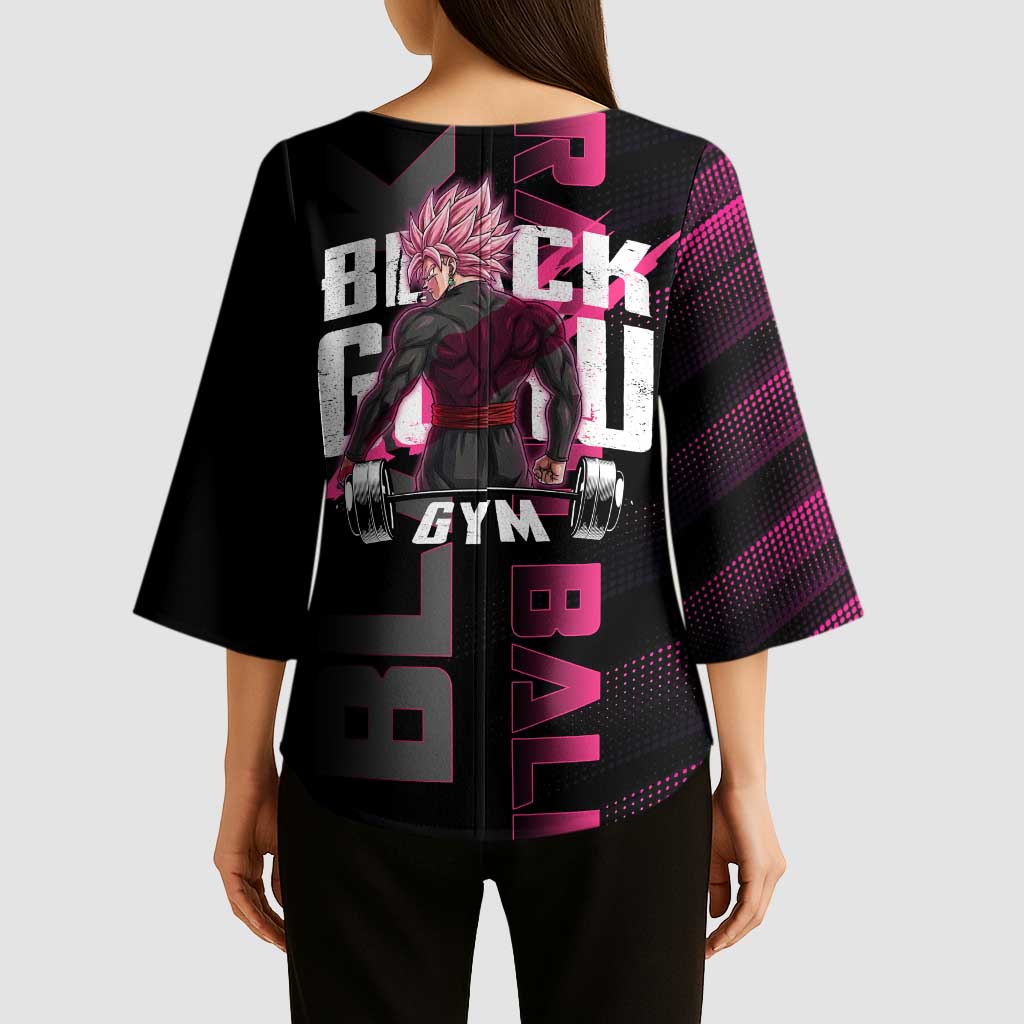 Goku Black Rose Dragon Ball Gym Theme Kimono Sleeve Blouse with Dumbbell Power Lift and Pink Electric Aura on Black Design - The Mazicc