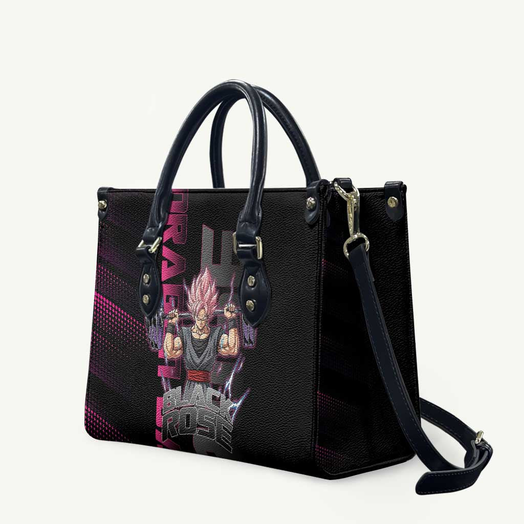 Goku Black Rose Dragon Ball Gym Theme Leather Bag with Dumbbell Power Lift and Pink Electric Aura on Black Design - The Mazicc