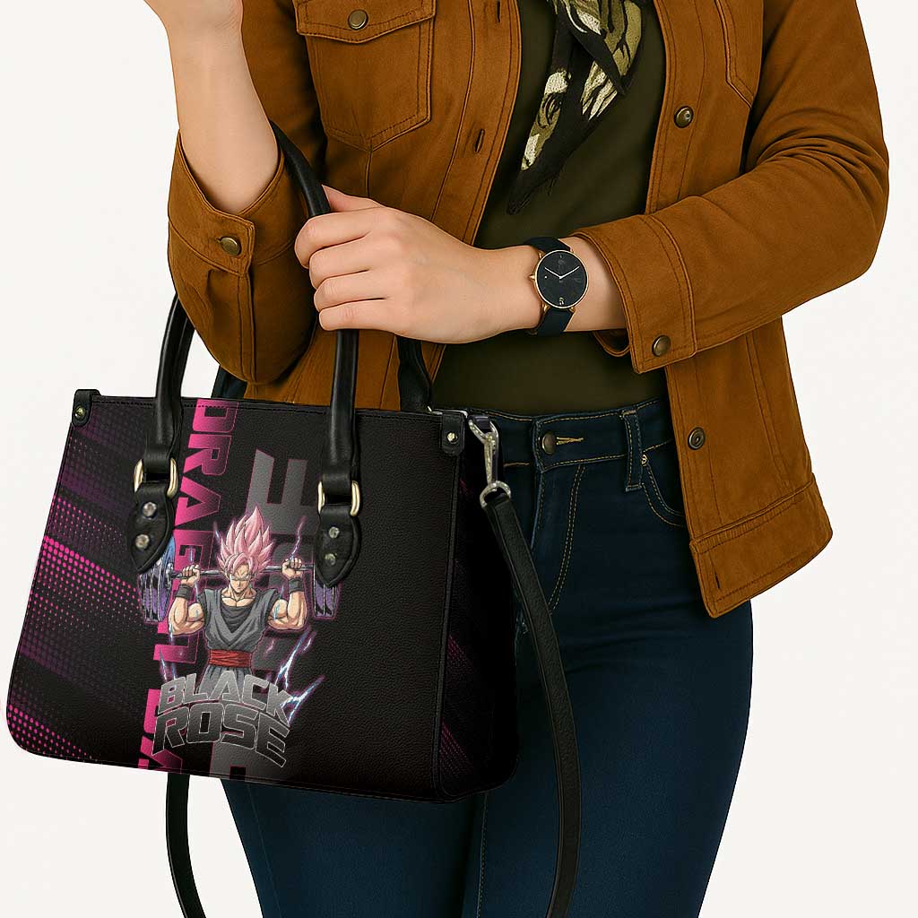 Goku Black Rose Dragon Ball Gym Theme Leather Bag with Dumbbell Power Lift and Pink Electric Aura on Black Design - The Mazicc