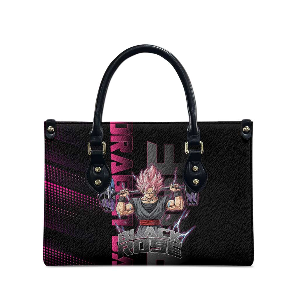 Goku Black Rose Dragon Ball Gym Theme Leather Bag with Dumbbell Power Lift and Pink Electric Aura on Black Design - The Mazicc