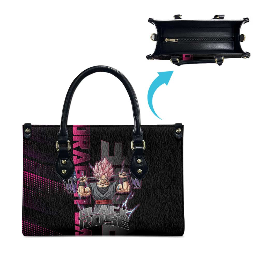 Goku Black Rose Dragon Ball Gym Theme Leather Bag with Dumbbell Power Lift and Pink Electric Aura on Black Design - The Mazicc