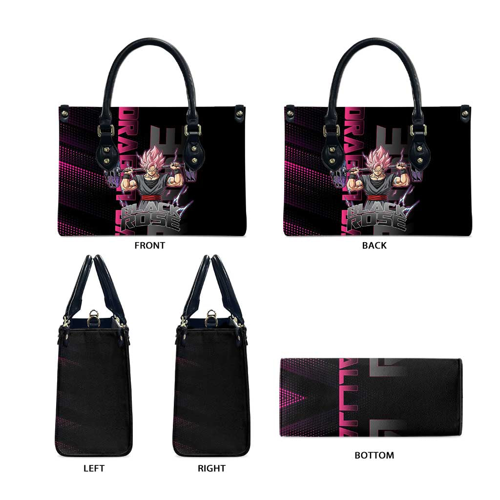 Goku Black Rose Dragon Ball Gym Theme Leather Bag with Dumbbell Power Lift and Pink Electric Aura on Black Design - The Mazicc