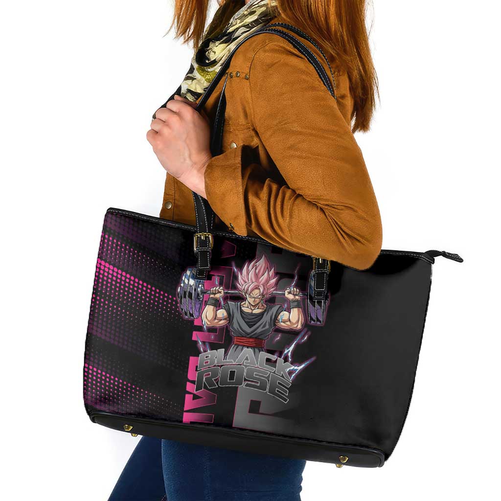 Goku Black Rose Dragon Ball Gym Theme Leather Tote Bag with Dumbbell Power Lift and Pink Electric Aura on Black Design - The Mazicc