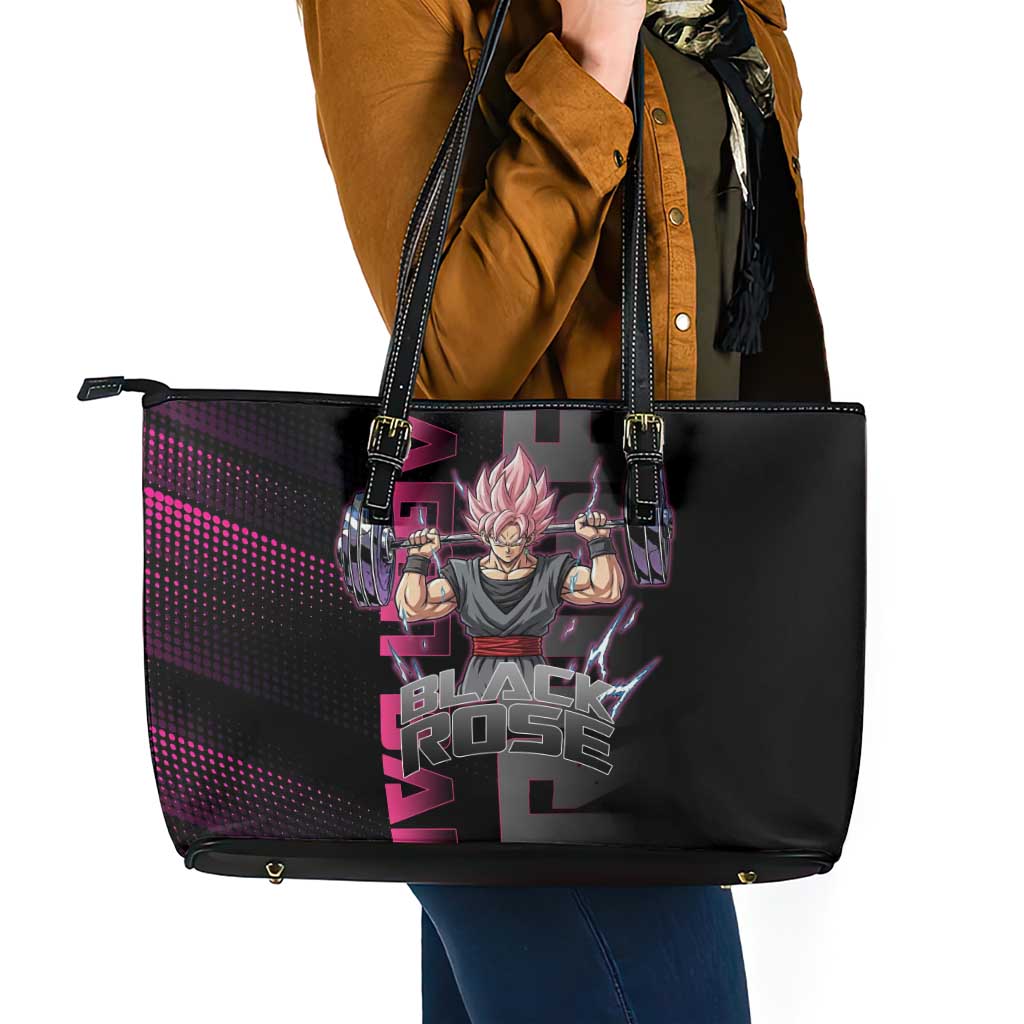 Goku Black Rose Dragon Ball Gym Theme Leather Tote Bag with Dumbbell Power Lift and Pink Electric Aura on Black Design - The Mazicc