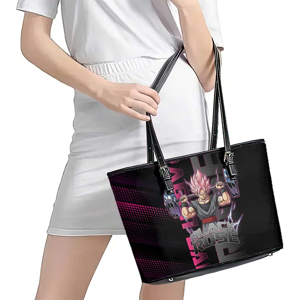 Goku Black Rose Dragon Ball Gym Theme Leather Tote Bag with Dumbbell Power Lift and Pink Electric Aura on Black Design - The Mazicc