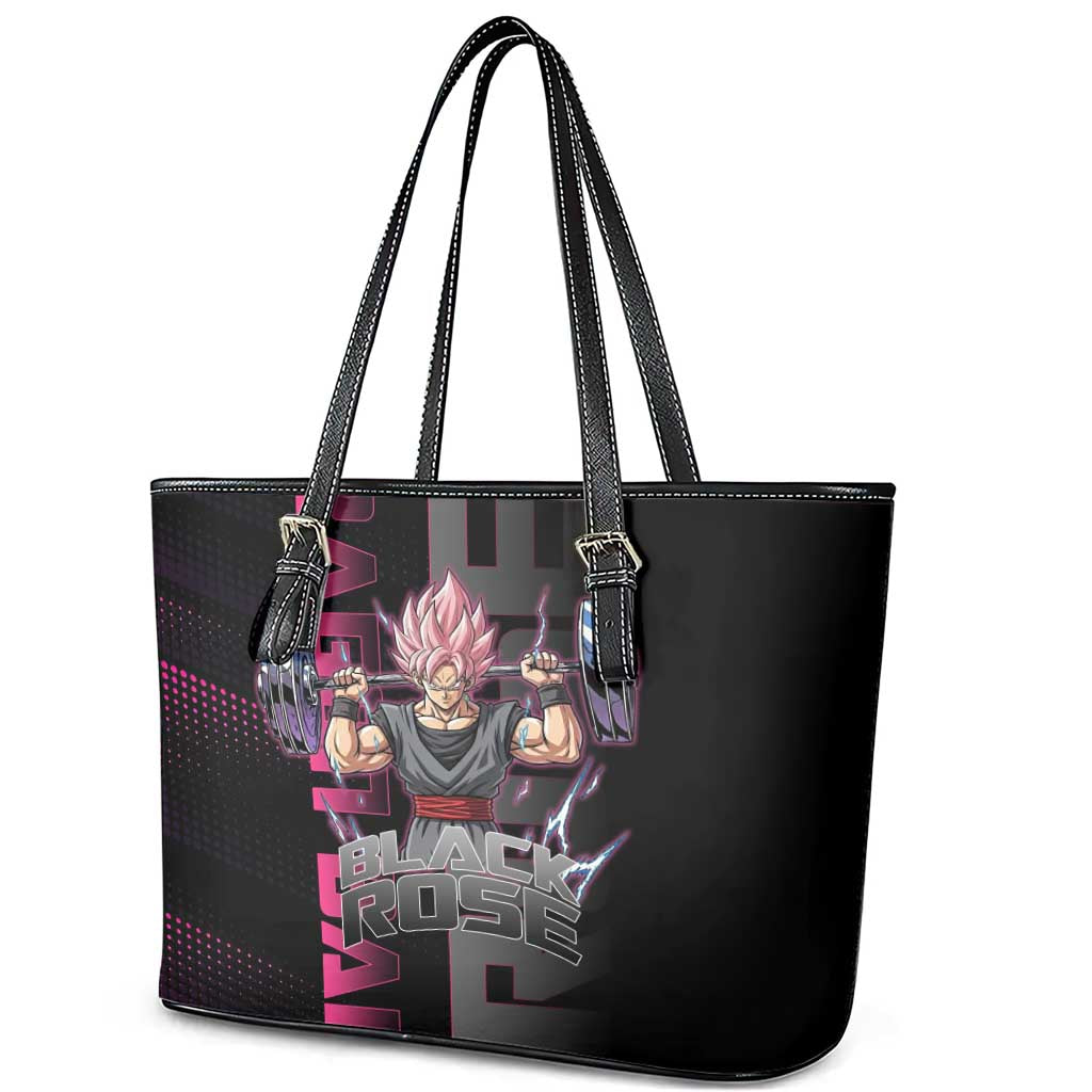 Goku Black Rose Dragon Ball Gym Theme Leather Tote Bag with Dumbbell Power Lift and Pink Electric Aura on Black Design - The Mazicc