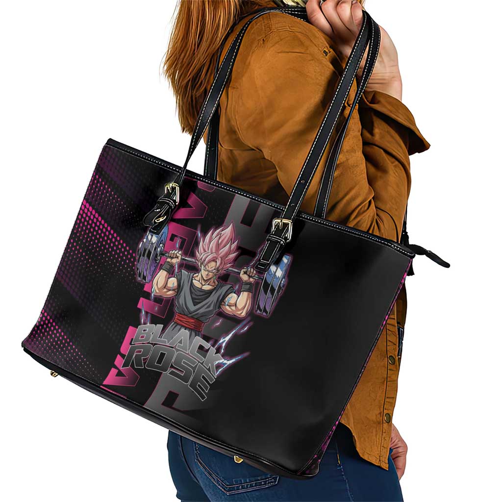Goku Black Rose Dragon Ball Gym Theme Leather Tote Bag with Dumbbell Power Lift and Pink Electric Aura on Black Design - The Mazicc