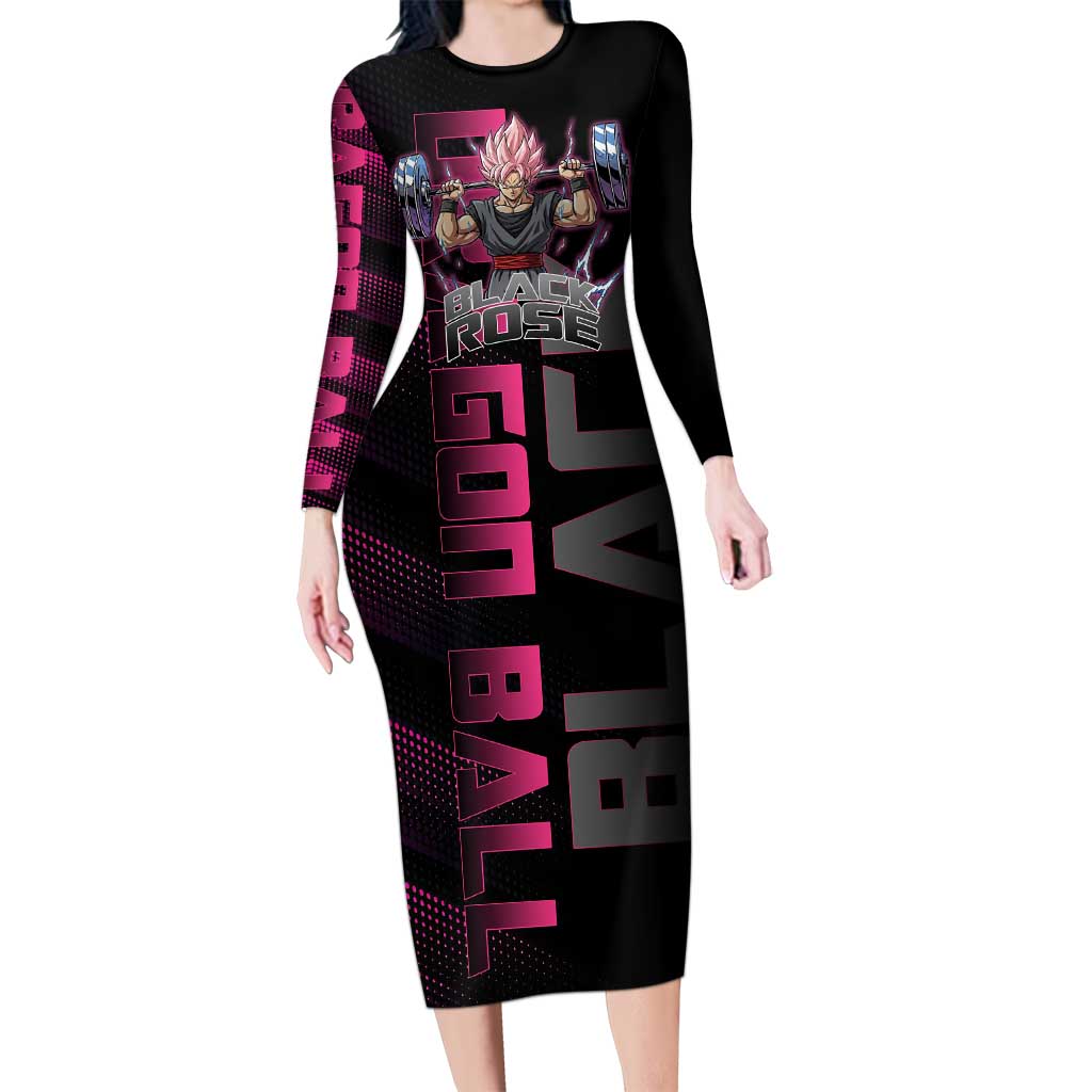 Goku Black Rose Dragon Ball Gym Theme Long Sleeve Bodycon Dress with Dumbbell Power Lift and Pink Electric Aura on Black Design - The Mazicc