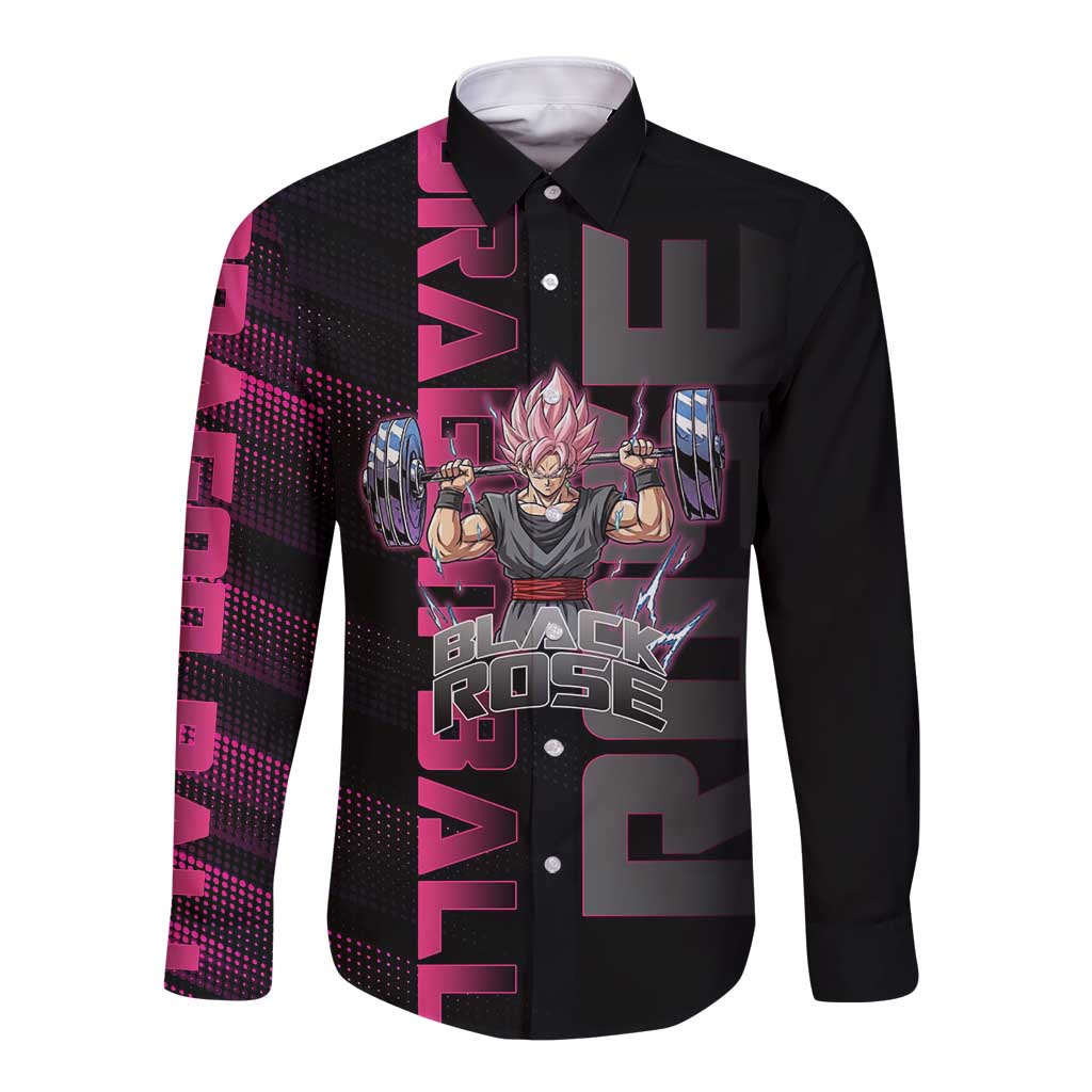 Goku Black Rose Dragon Ball Gym Theme Long Sleeve Button Shirt with Dumbbell Power Lift and Pink Electric Aura on Black Design - The Mazicc