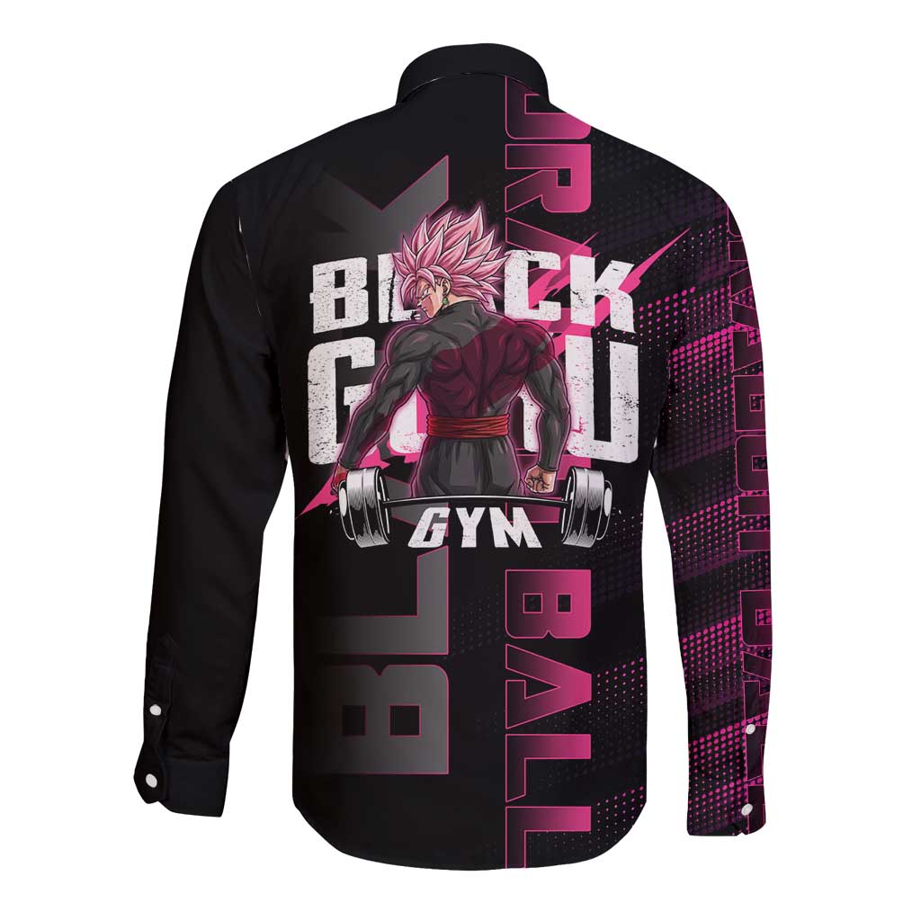 Goku Black Rose Dragon Ball Gym Theme Long Sleeve Button Shirt with Dumbbell Power Lift and Pink Electric Aura on Black Design - The Mazicc