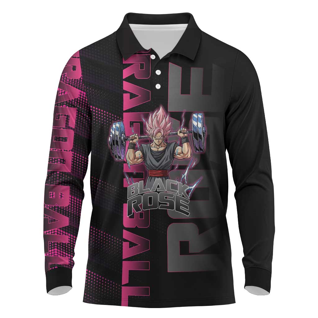Goku Black Rose Dragon Ball Gym Theme Long Sleeve Polo Shirt with Dumbbell Power Lift and Pink Electric Aura on Black Design - The Mazicc