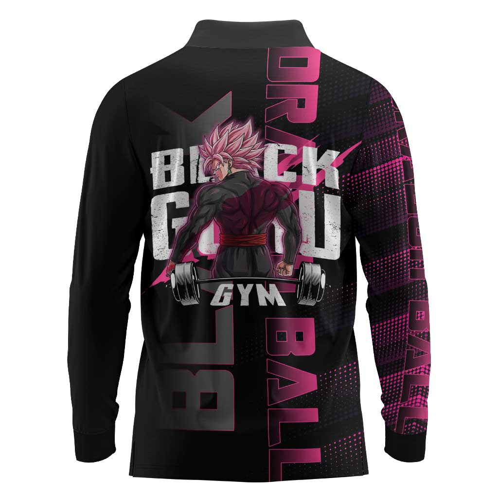 Goku Black Rose Dragon Ball Gym Theme Long Sleeve Polo Shirt with Dumbbell Power Lift and Pink Electric Aura on Black Design - The Mazicc
