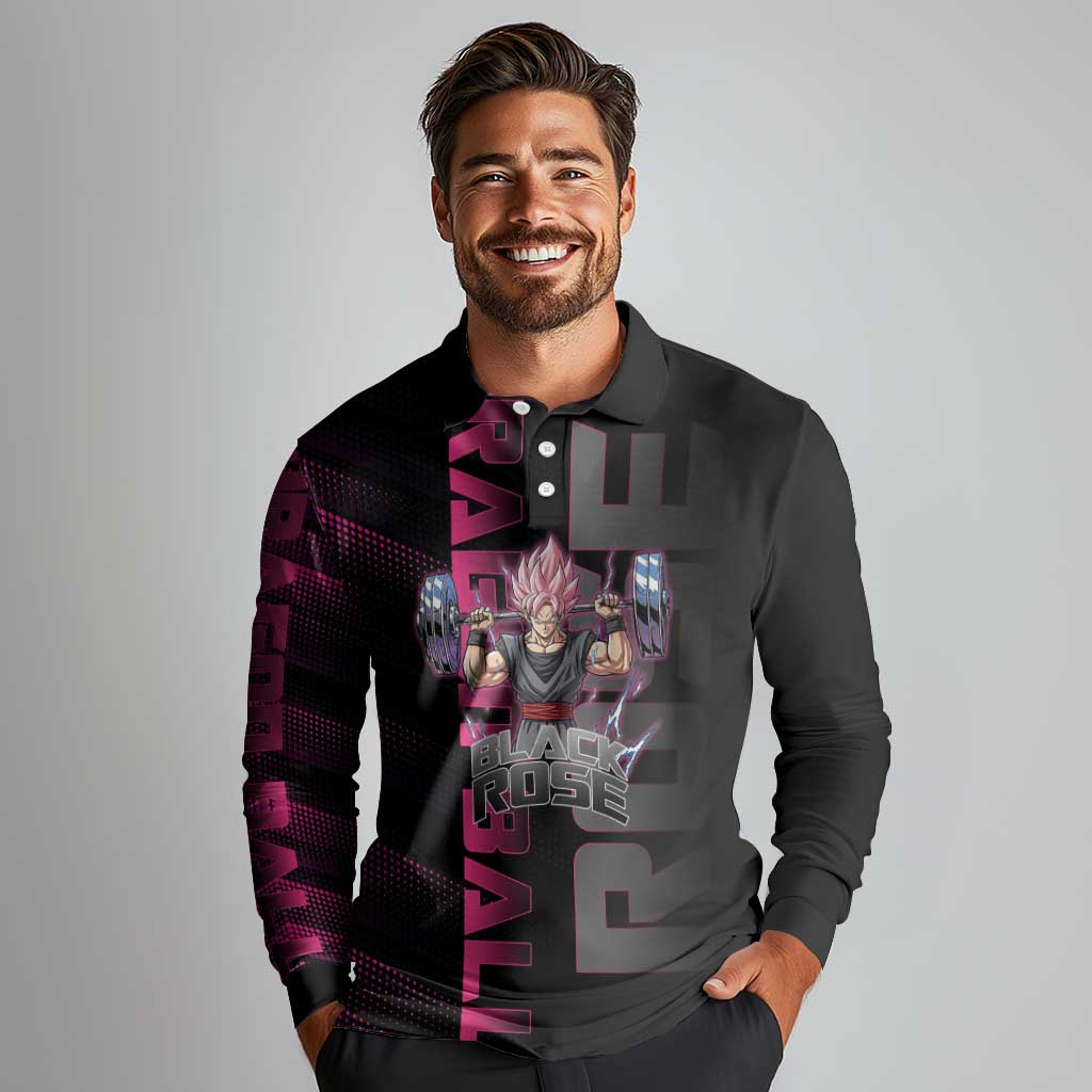 Goku Black Rose Dragon Ball Gym Theme Long Sleeve Polo Shirt with Dumbbell Power Lift and Pink Electric Aura on Black Design - The Mazicc