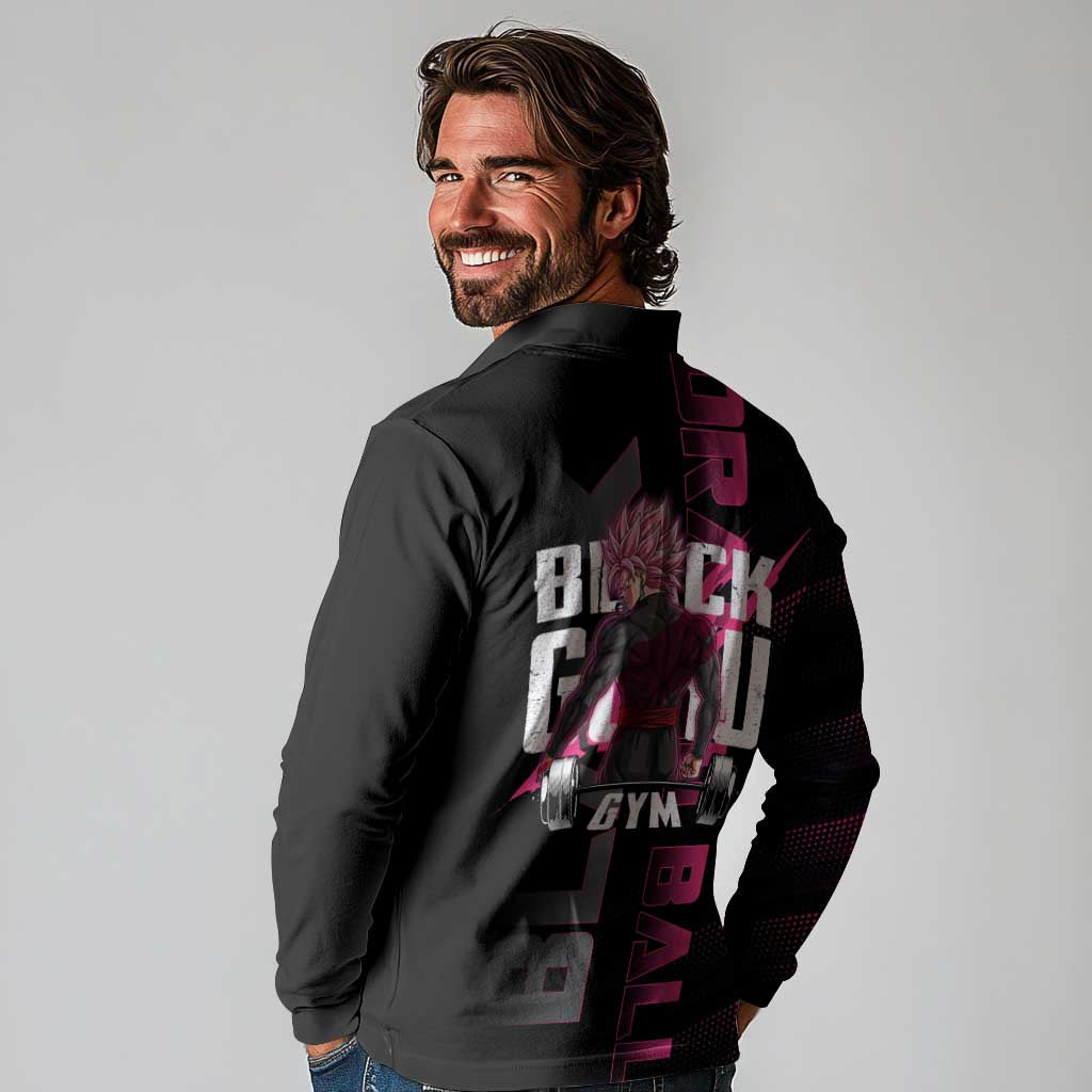 Goku Black Rose Dragon Ball Gym Theme Long Sleeve Polo Shirt with Dumbbell Power Lift and Pink Electric Aura on Black Design - The Mazicc