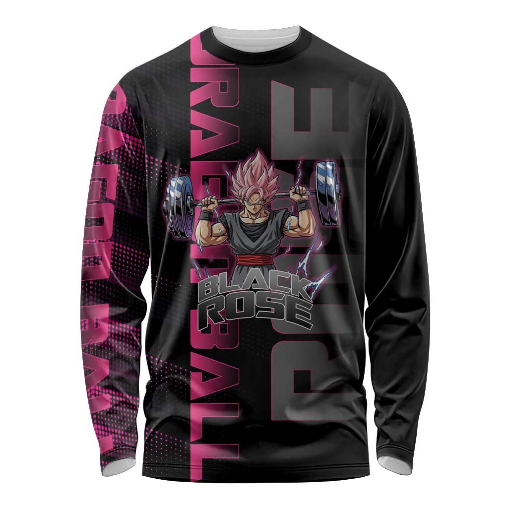 Goku Black Rose Dragon Ball Gym Theme Long Sleeve Shirt with Dumbbell Power Lift and Pink Electric Aura on Black Design - The Mazicc