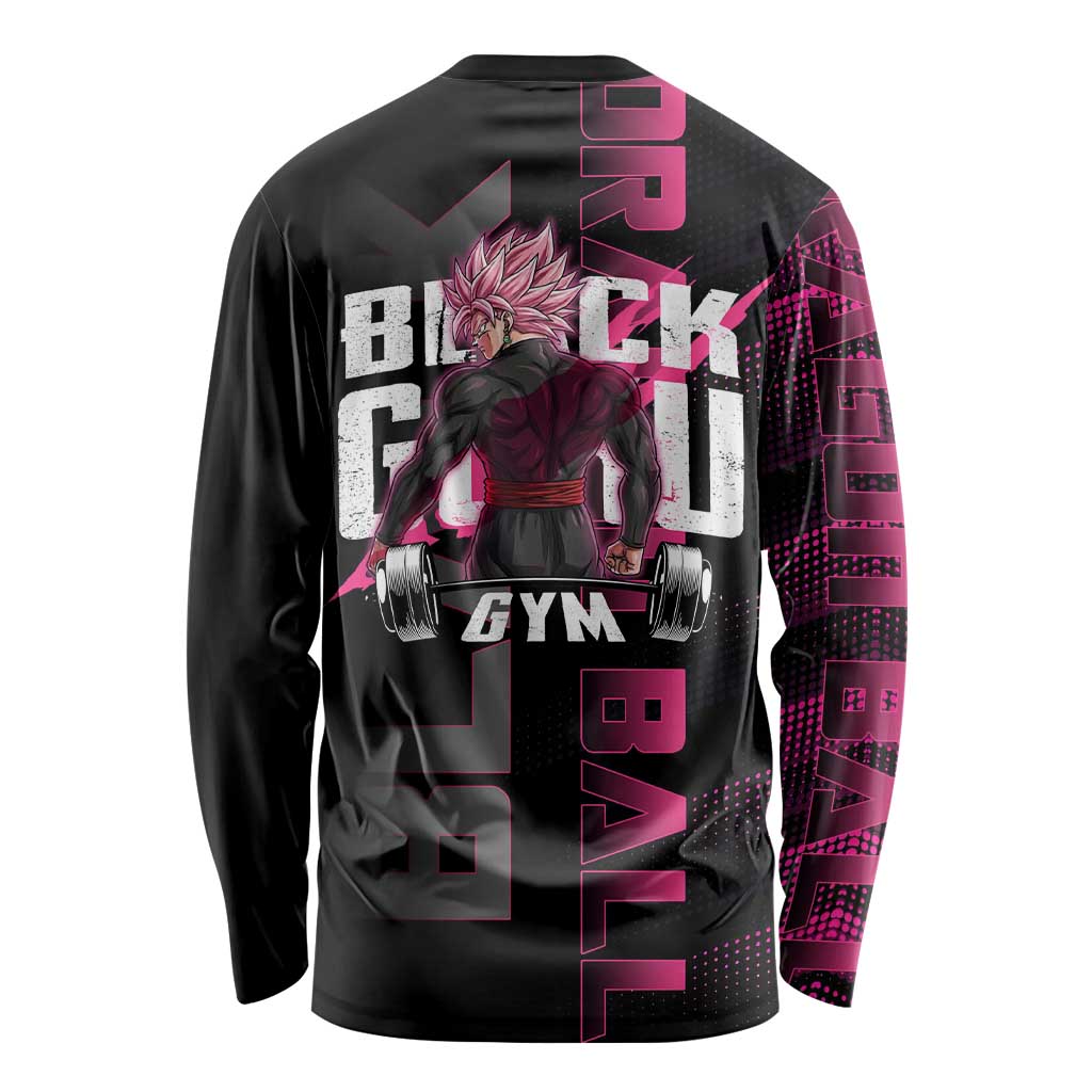 Goku Black Rose Dragon Ball Gym Theme Long Sleeve Shirt with Dumbbell Power Lift and Pink Electric Aura on Black Design - The Mazicc