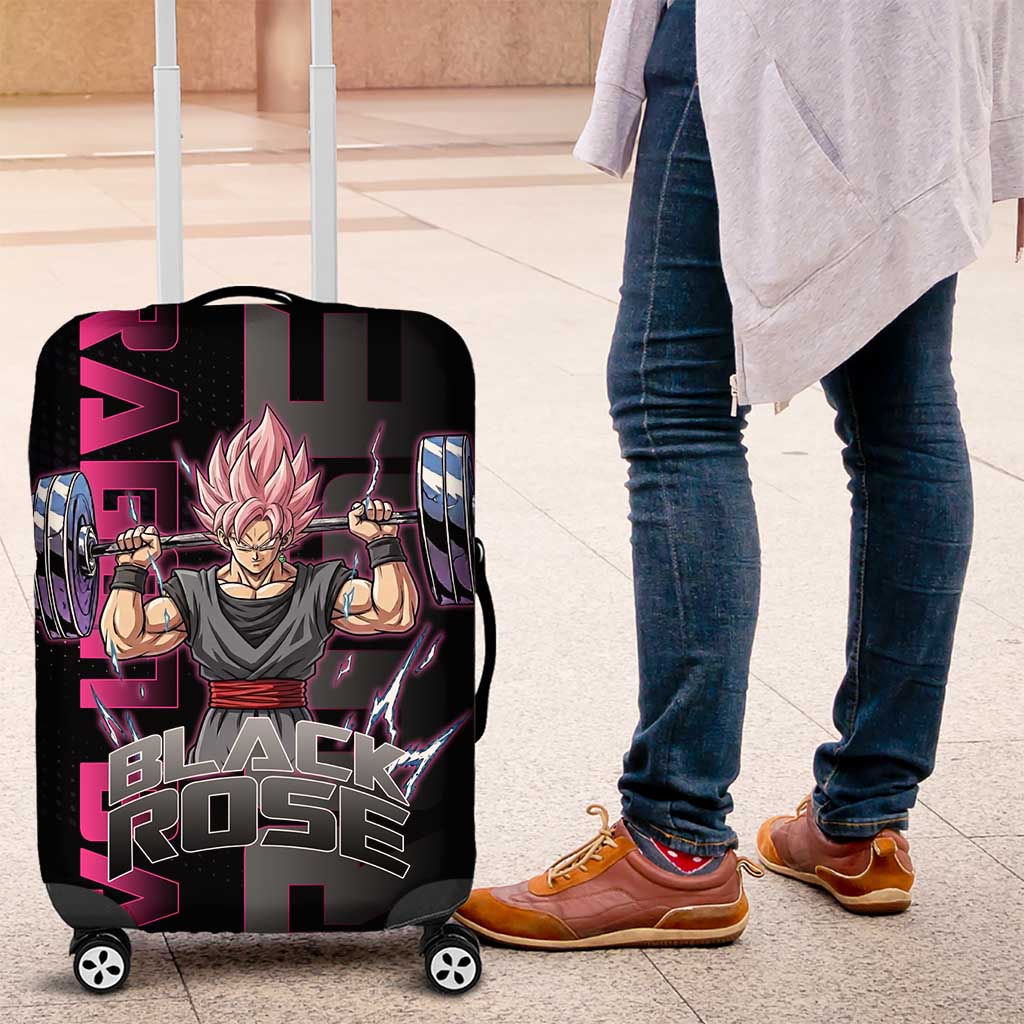 Goku Black Rose Dragon Ball Gym Theme Luggage Cover with Dumbbell Power Lift and Pink Electric Aura on Black Design - The Mazicc