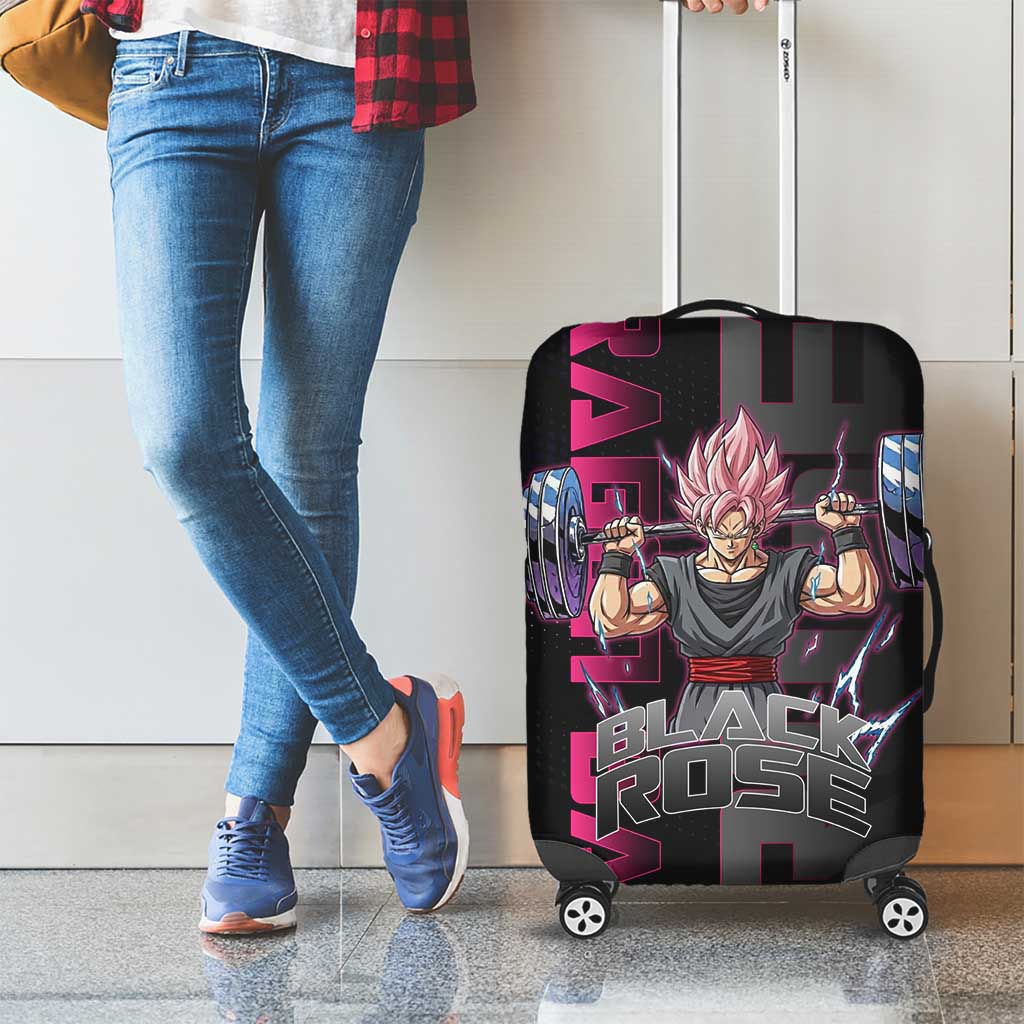 Goku Black Rose Dragon Ball Gym Theme Luggage Cover with Dumbbell Power Lift and Pink Electric Aura on Black Design - The Mazicc