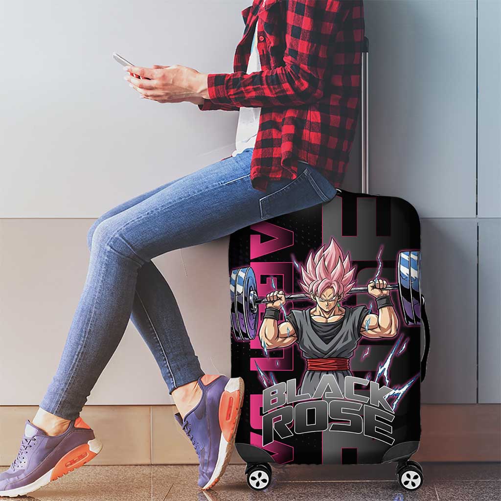 Goku Black Rose Dragon Ball Gym Theme Luggage Cover with Dumbbell Power Lift and Pink Electric Aura on Black Design - The Mazicc