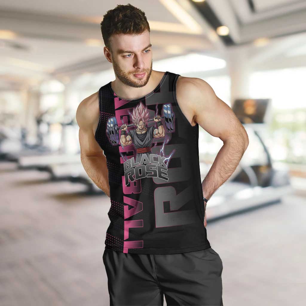 Goku Black Rose Dragon Ball Gym Theme Men Tank Top with Dumbbell Power Lift and Pink Electric Aura on Black Design - The Mazicc