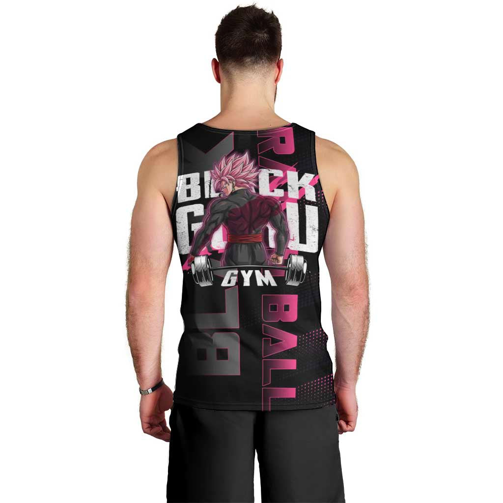 Goku Black Rose Dragon Ball Gym Theme Men Tank Top with Dumbbell Power Lift and Pink Electric Aura on Black Design - The Mazicc