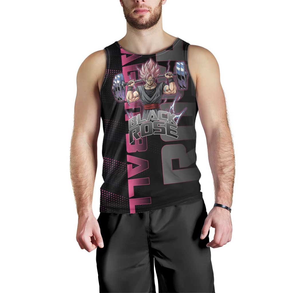 Goku Black Rose Dragon Ball Gym Theme Men Tank Top with Dumbbell Power Lift and Pink Electric Aura on Black Design - The Mazicc
