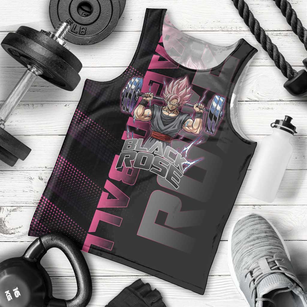 Goku Black Rose Dragon Ball Gym Theme Men Tank Top with Dumbbell Power Lift and Pink Electric Aura on Black Design - The Mazicc