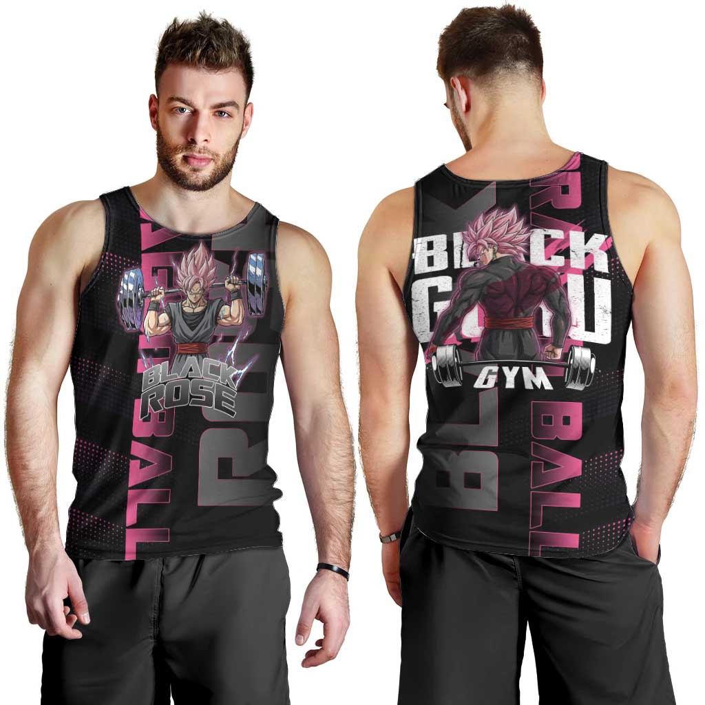 Goku Black Rose Dragon Ball Gym Theme Men Tank Top with Dumbbell Power Lift and Pink Electric Aura on Black Design - The Mazicc