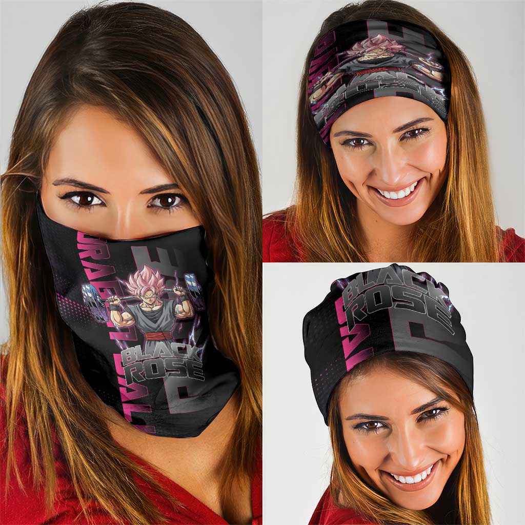 Goku Black Rose Dragon Ball Gym Theme Neck Gaiter with Dumbbell Power Lift and Pink Electric Aura on Black Design - The Mazicc