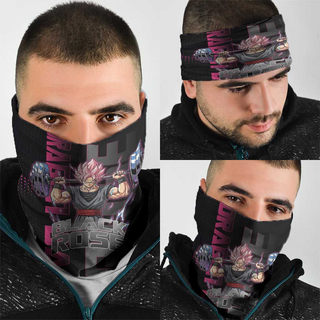 Goku Black Rose Dragon Ball Gym Theme Neck Gaiter with Dumbbell Power Lift and Pink Electric Aura on Black Design - The Mazicc