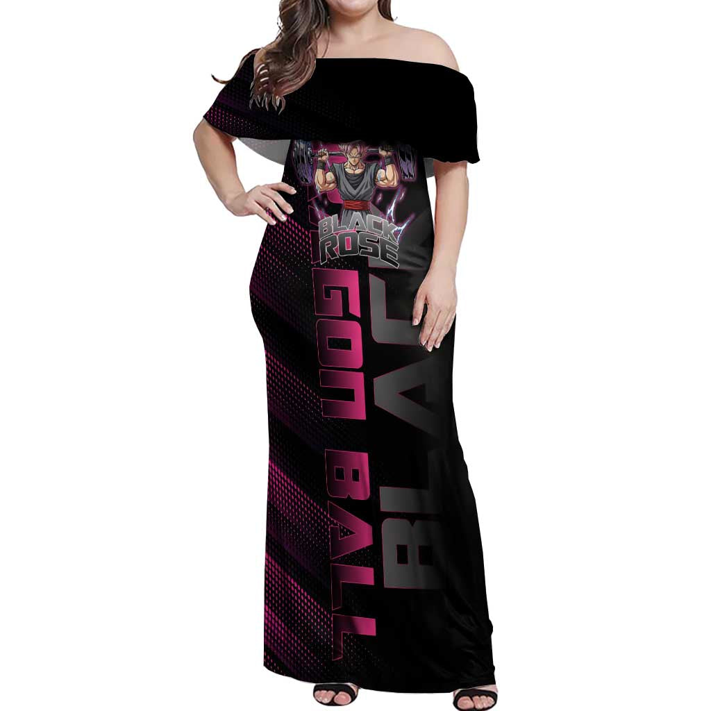 Goku Black Rose Dragon Ball Gym Theme Off Shoulder Maxi Dress with Dumbbell Power Lift and Pink Electric Aura on Black Design - The Mazicc