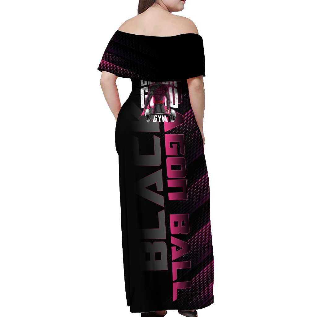 Goku Black Rose Dragon Ball Gym Theme Off Shoulder Maxi Dress with Dumbbell Power Lift and Pink Electric Aura on Black Design - The Mazicc