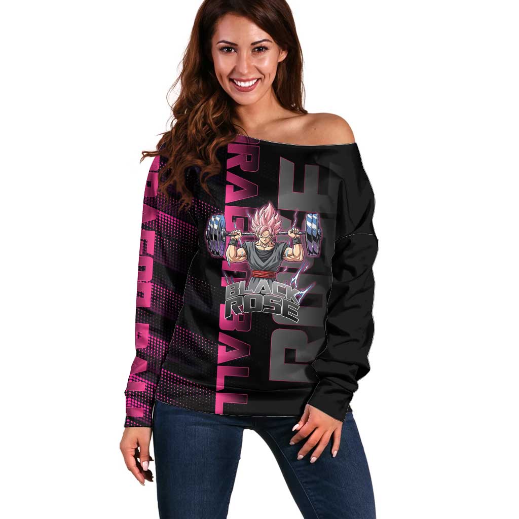 Goku Black Rose Dragon Ball Gym Theme Off Shoulder Sweater with Dumbbell Power Lift and Pink Electric Aura on Black Design - The Mazicc