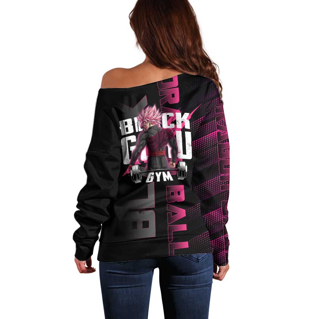 Goku Black Rose Dragon Ball Gym Theme Off Shoulder Sweater with Dumbbell Power Lift and Pink Electric Aura on Black Design - The Mazicc