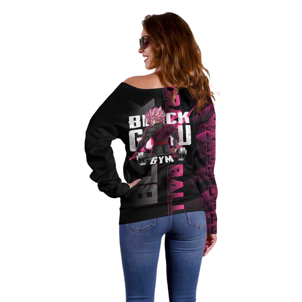 Goku Black Rose Dragon Ball Gym Theme Off Shoulder Sweater with Dumbbell Power Lift and Pink Electric Aura on Black Design - The Mazicc