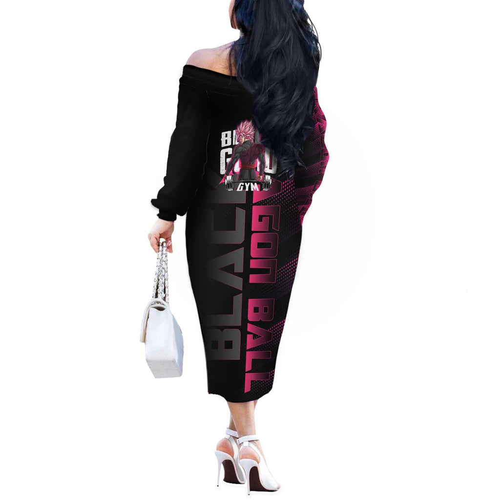 Goku Black Rose Dragon Ball Gym Theme Off The Shoulder Long Sleeve Dress with Dumbbell Power Lift and Pink Electric Aura on Black Design - The Mazicc