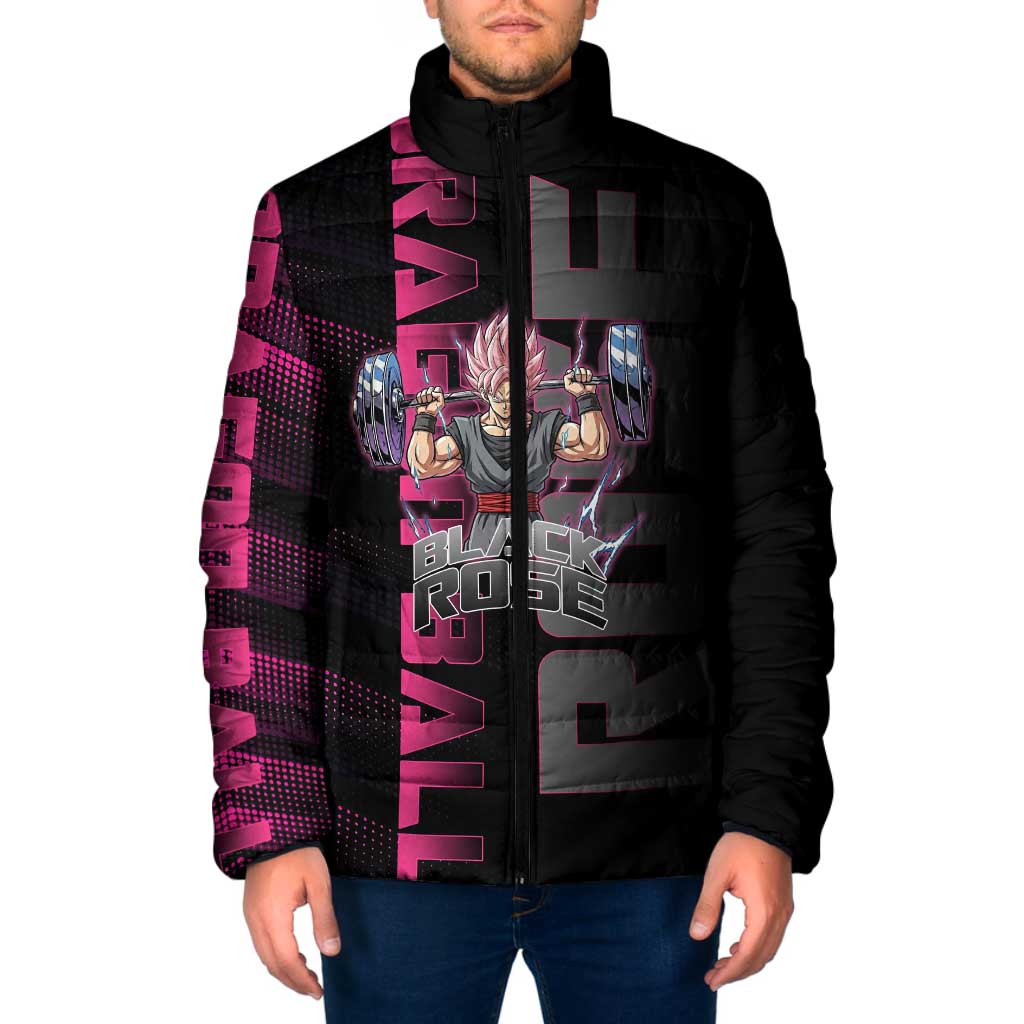 Goku Black Rose Dragon Ball Gym Theme Padded Jacket with Dumbbell Power Lift and Pink Electric Aura on Black Design - The Mazicc