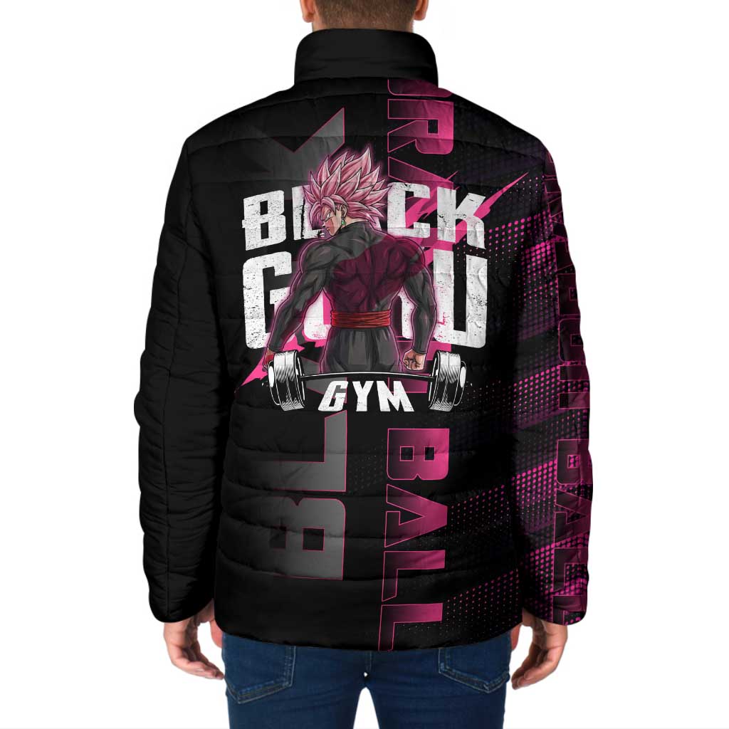 Goku Black Rose Dragon Ball Gym Theme Padded Jacket with Dumbbell Power Lift and Pink Electric Aura on Black Design - The Mazicc