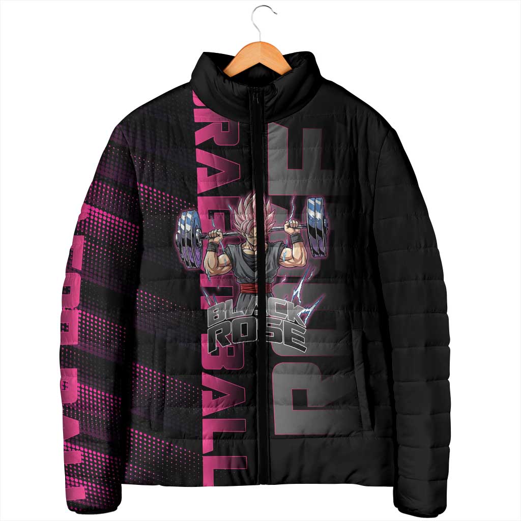 Goku Black Rose Dragon Ball Gym Theme Padded Jacket with Dumbbell Power Lift and Pink Electric Aura on Black Design - The Mazicc